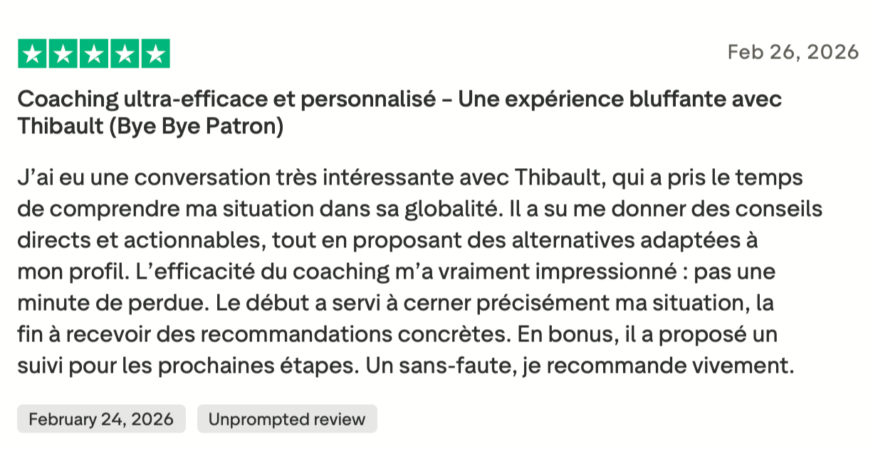 Avis Trustpilot — coaching Bye Bye Patron, bien rentable en 2 mois