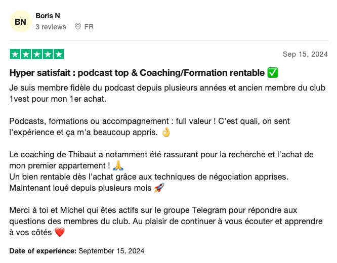 Avis Trustpilot Boris — coaching premier appart rentable