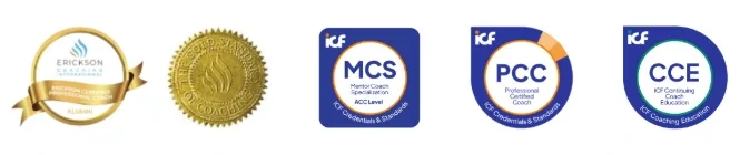 Badges officiels Erickson Coaching International, ICF Mentor Coaching Services MCS, ICF PCC et ICF CCE