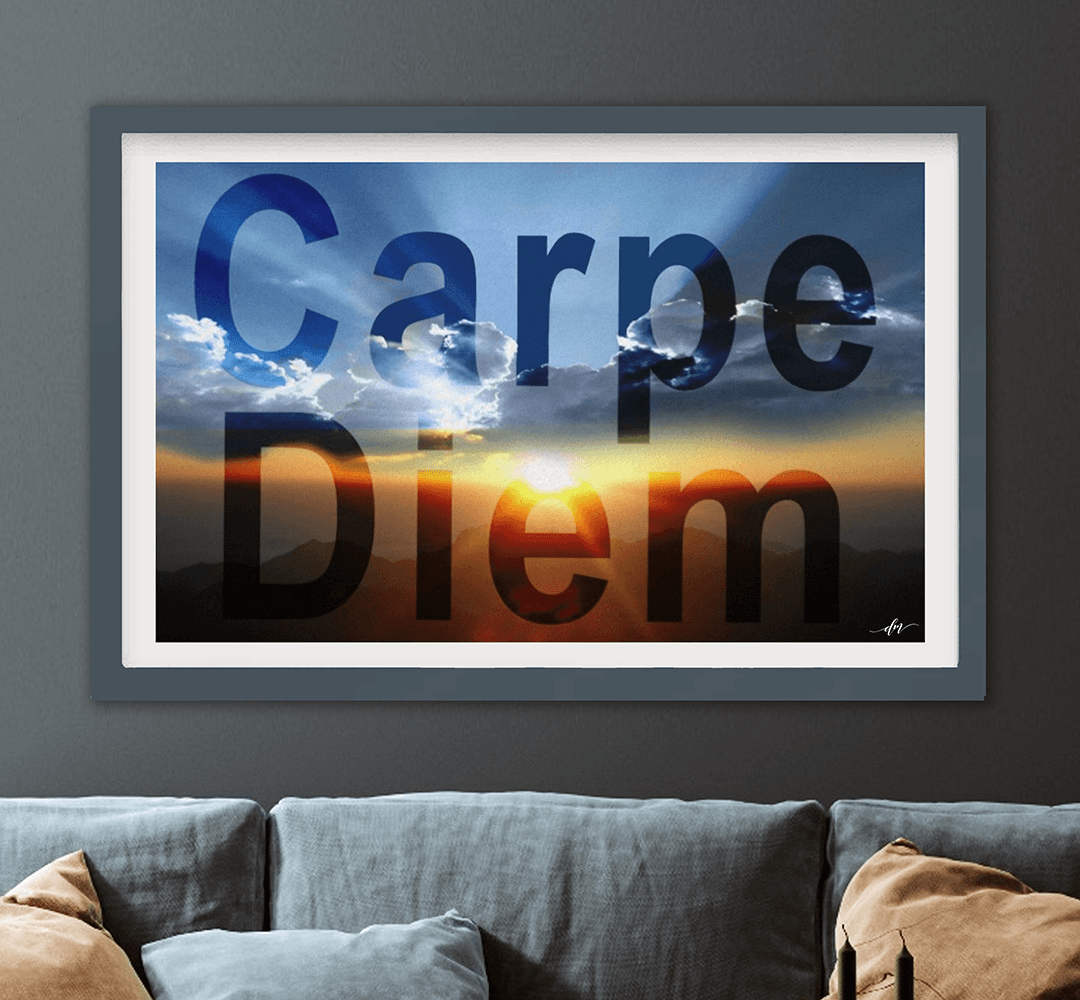 The word 'Carpe Diem' bursting through the sunlit sky and landscape, radiating an inspiring and uplifting energy.