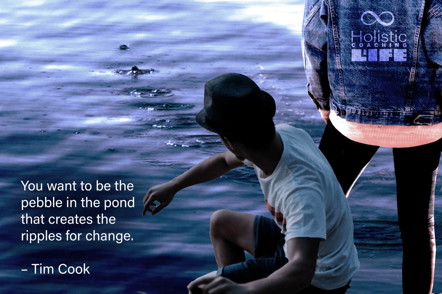 Coaching catalyst concept illustrated by a ripple effect from a skipping stone, paired with Tim Cook’s quote: ‘You want to be the pebble in the pond that creates ripples for change.