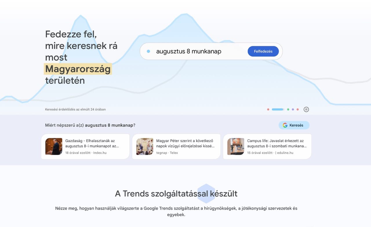 Google Trends felfedezőoldala magyarországi keresési trenddel és kapcsolódó hírekkel