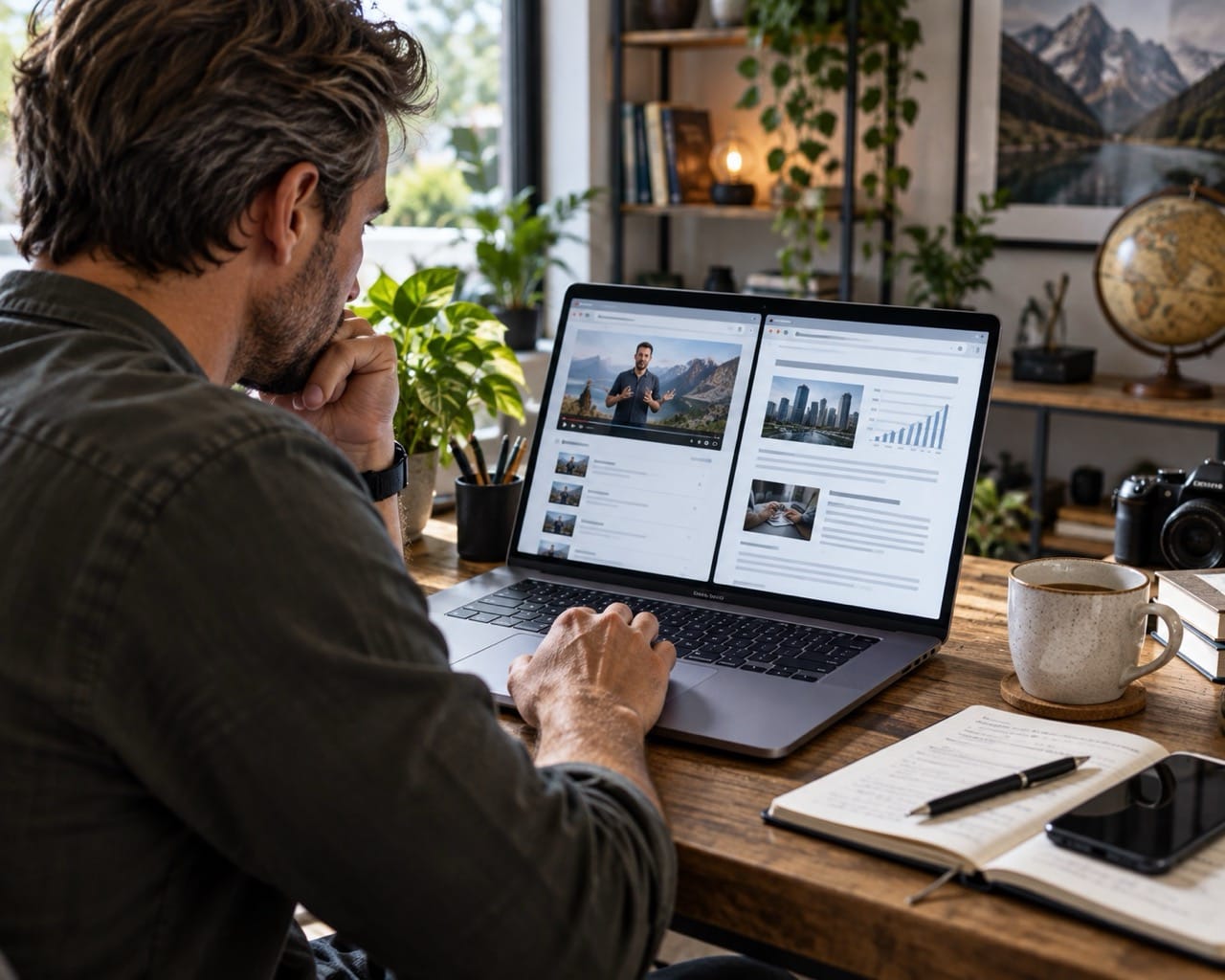 Egy ember online tanfolyamot és szakmai információkat néz laptopon