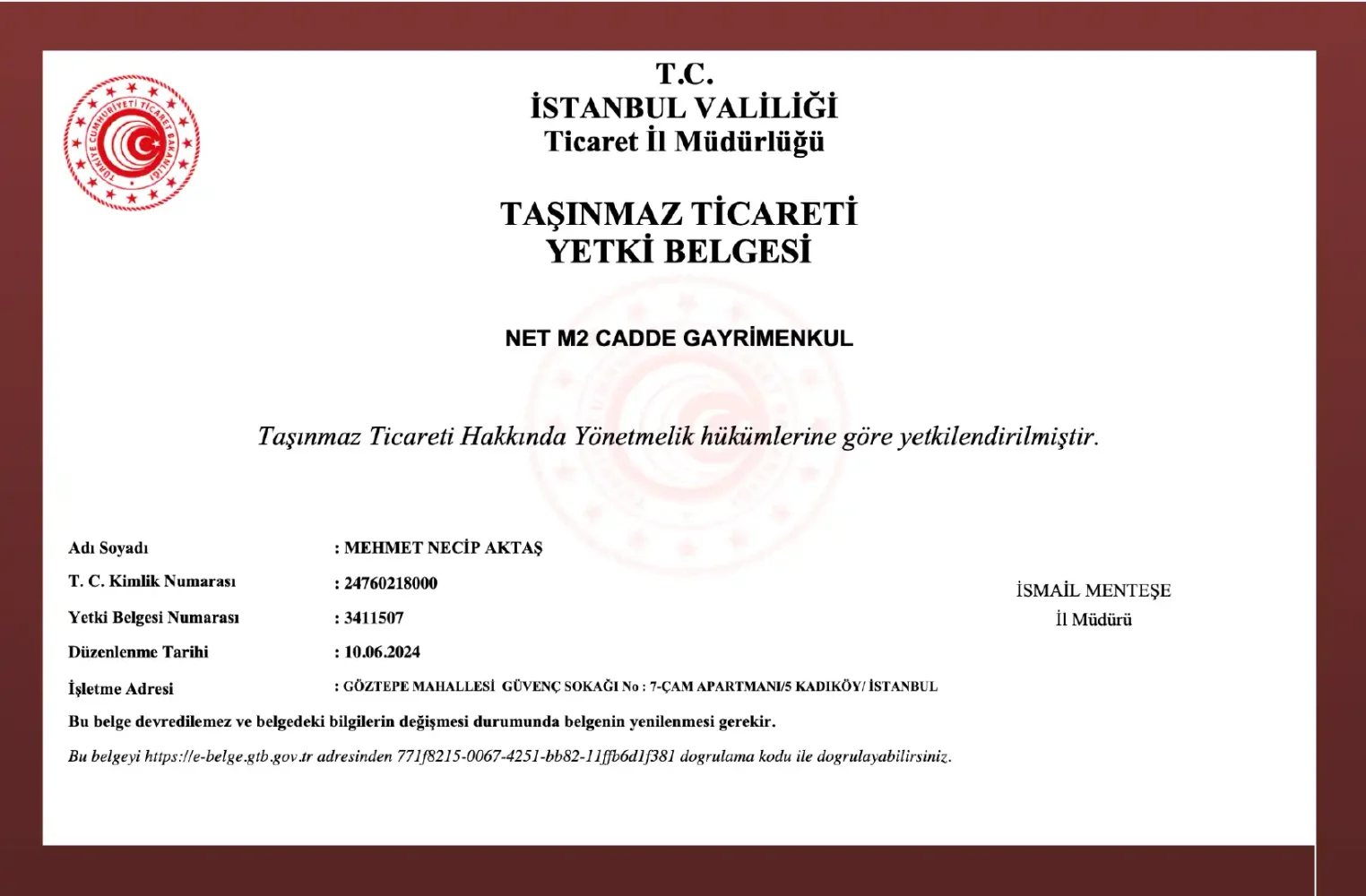 “Net M² Cadde, İstanbul Valiliği tarafından verilen Taşınmaz Ticareti Yetki Belgesi ile resmi olarak yetkilendirilmiştir. Güvenilir ve şeffaf gayrimenkul hizmeti sunma taahhüdümüzü bu belgeyle sizlere sunuyoruz.”