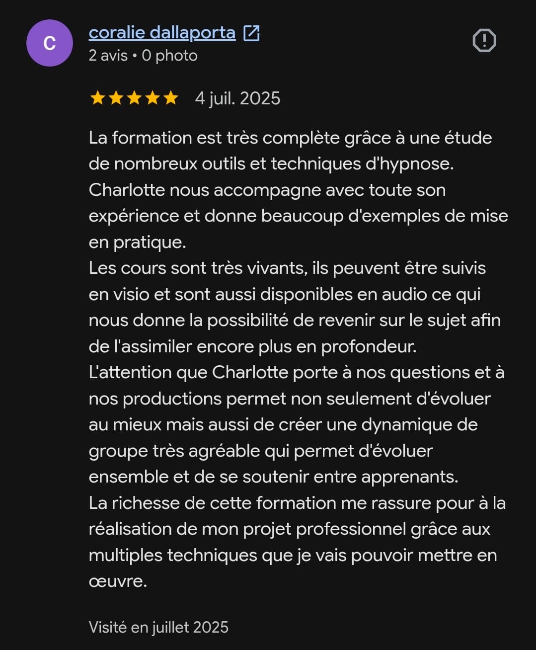 Avis Google d'une personne accompagnée par Charlotte Engheben