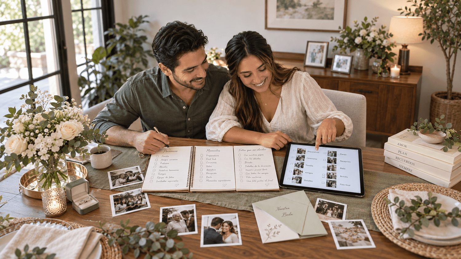 Pareja organizando los recuerdos y prioridades fotograficas de su boda