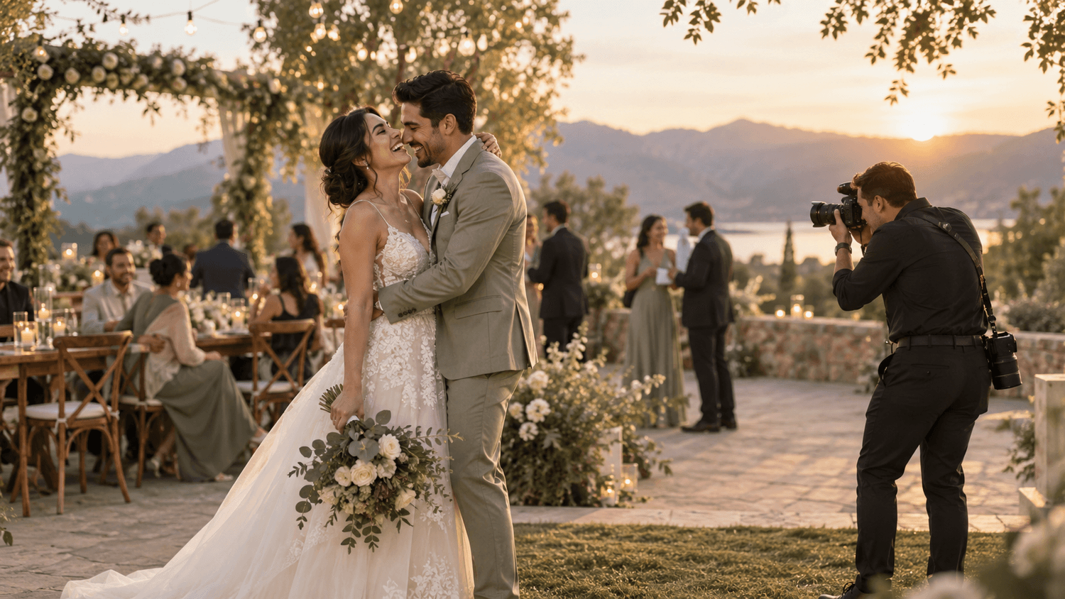Pareja disfrutando su boda mientras el fotógrafo conserva los momentos importantes