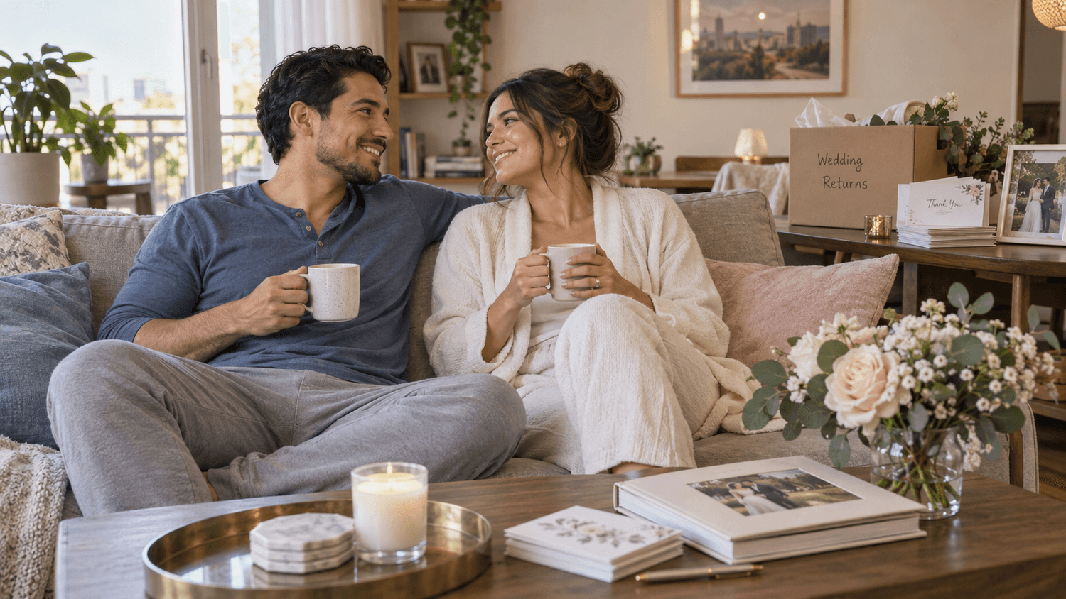 Pareja recién casada disfrutando su nueva etapa con los pendientes organizados