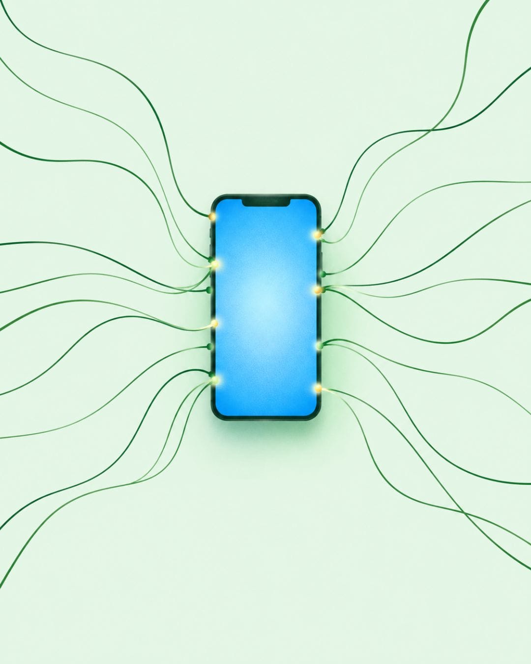 Un smartphone con una luz azul que atrae hilos finos hacia su pantalla