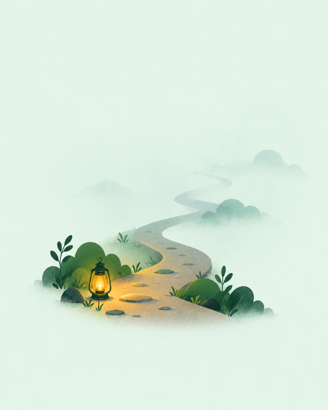 Un camino que se pierde entre la niebla con una linterna ámbar que ilumina los primeros pasos