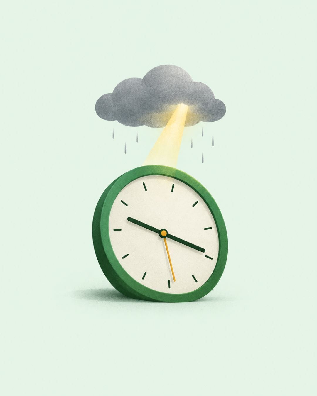 Un reloj de pared con una nube de lluvia encima y un rayo de luz ámbar