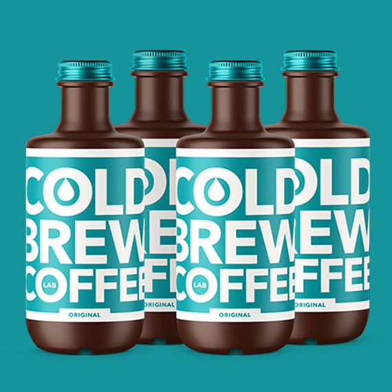 Four bottles of cold brew coffee, showcasing brand and packaging design with bold type and cyan labels
