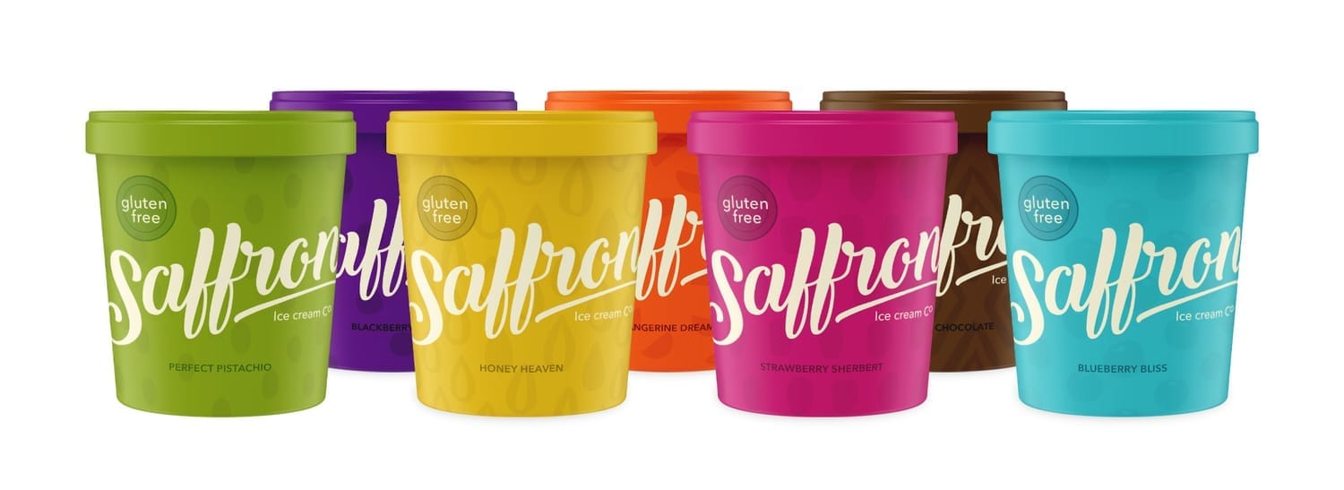 Full range of Saffron Ice Cream flavours – visual identity and packaging design