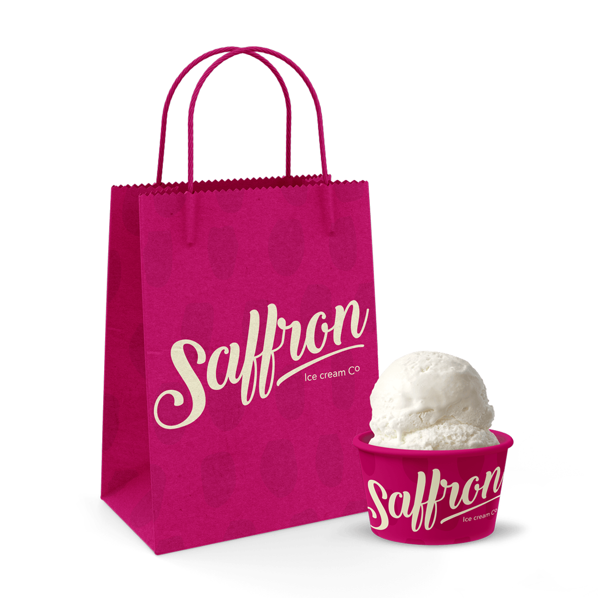 FMCG packaging design for Saffron Ice Cream – product tub and branded bag