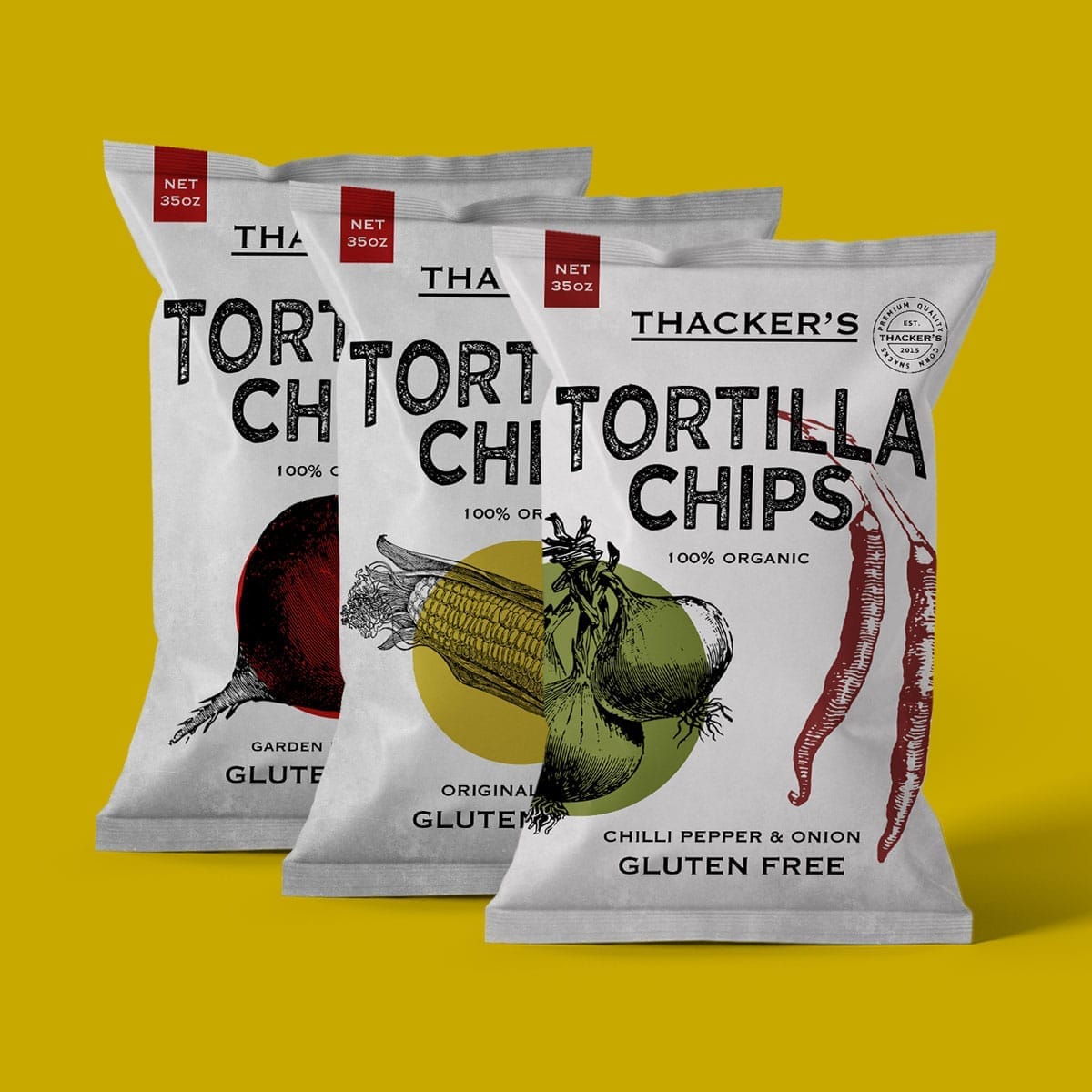 Visual identity and packaging design for Thacker’s Tortilla Chips product range