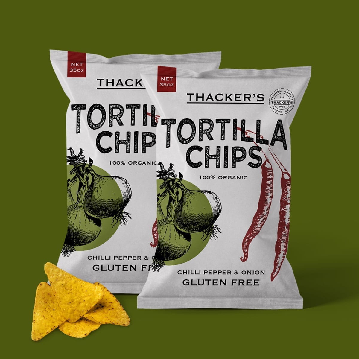 Visual identity & packaging design for Thacker's Tortilla Chips – snack food branding project