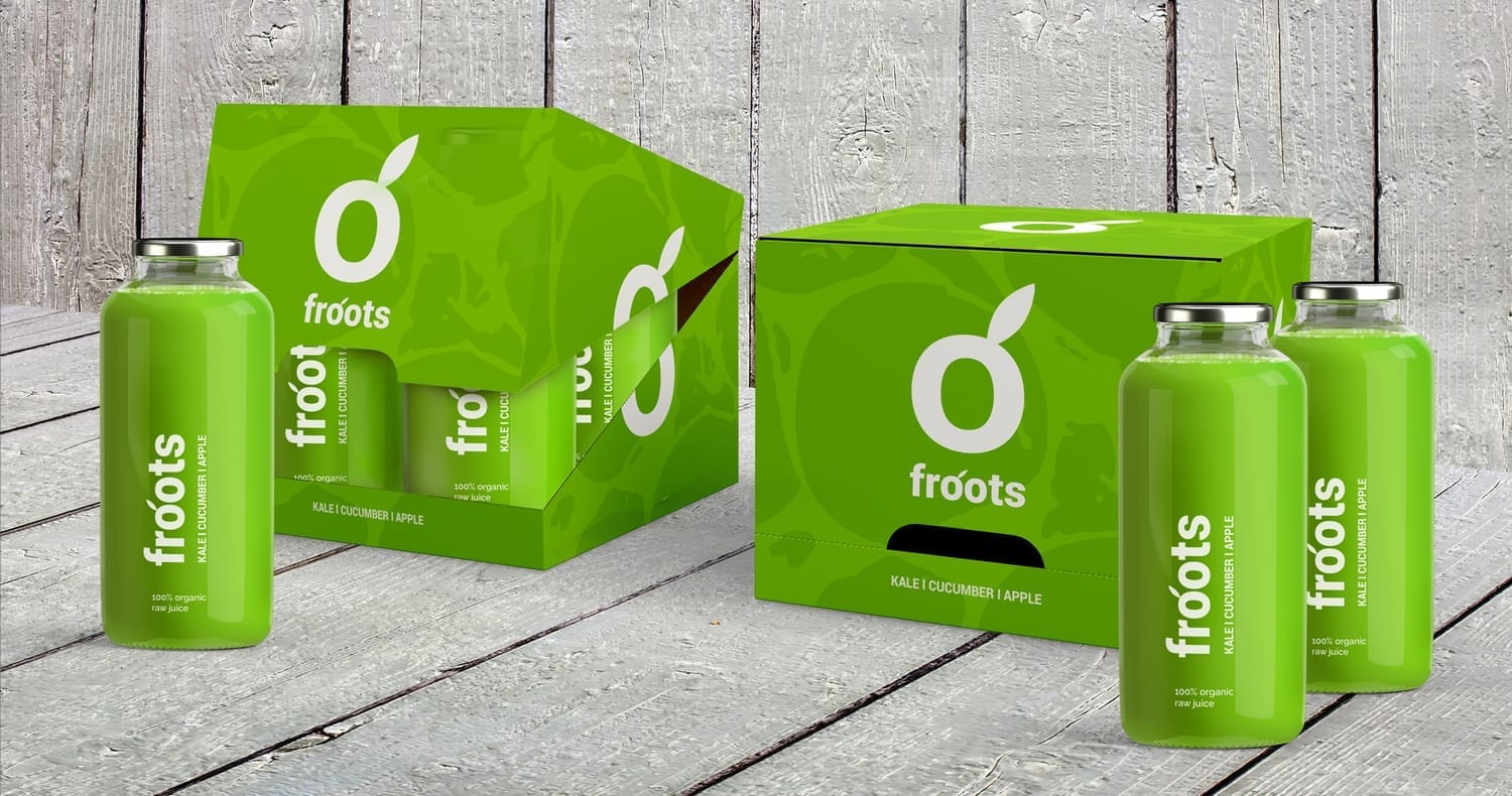 Green juice product packaging for Froots Raw Juice – FMCG branding
