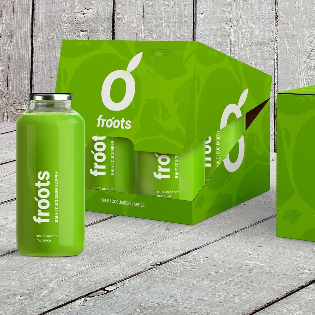 Green juice product packaging for Froots Raw Juice – FMCG branding