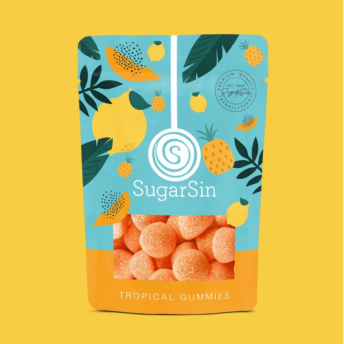 Sugarsin premium tropical gummies – FMCG packaging design