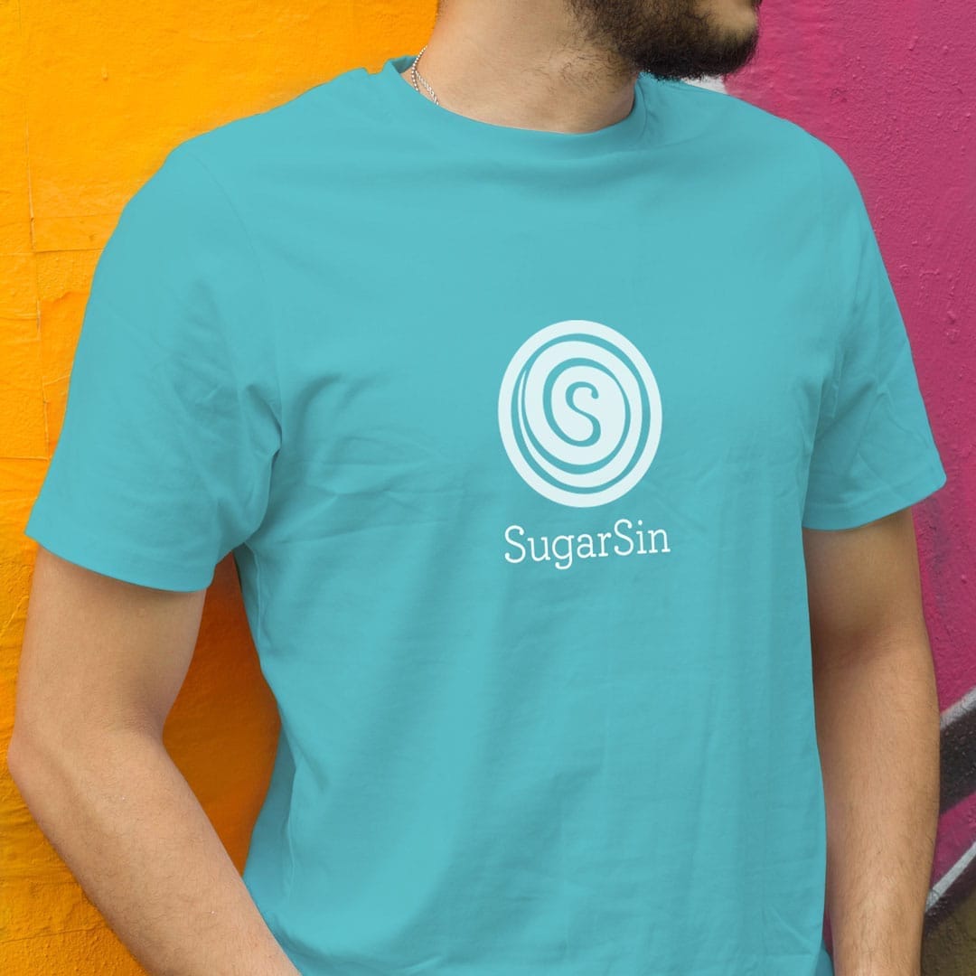 Male wearing Sugarsin branded t-shirt – premium FMCG brand asset