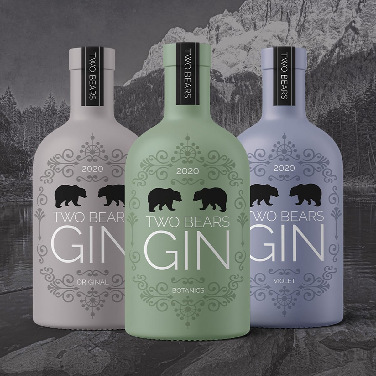 Two Bears Gin branding – range hero image with mountain backdrop