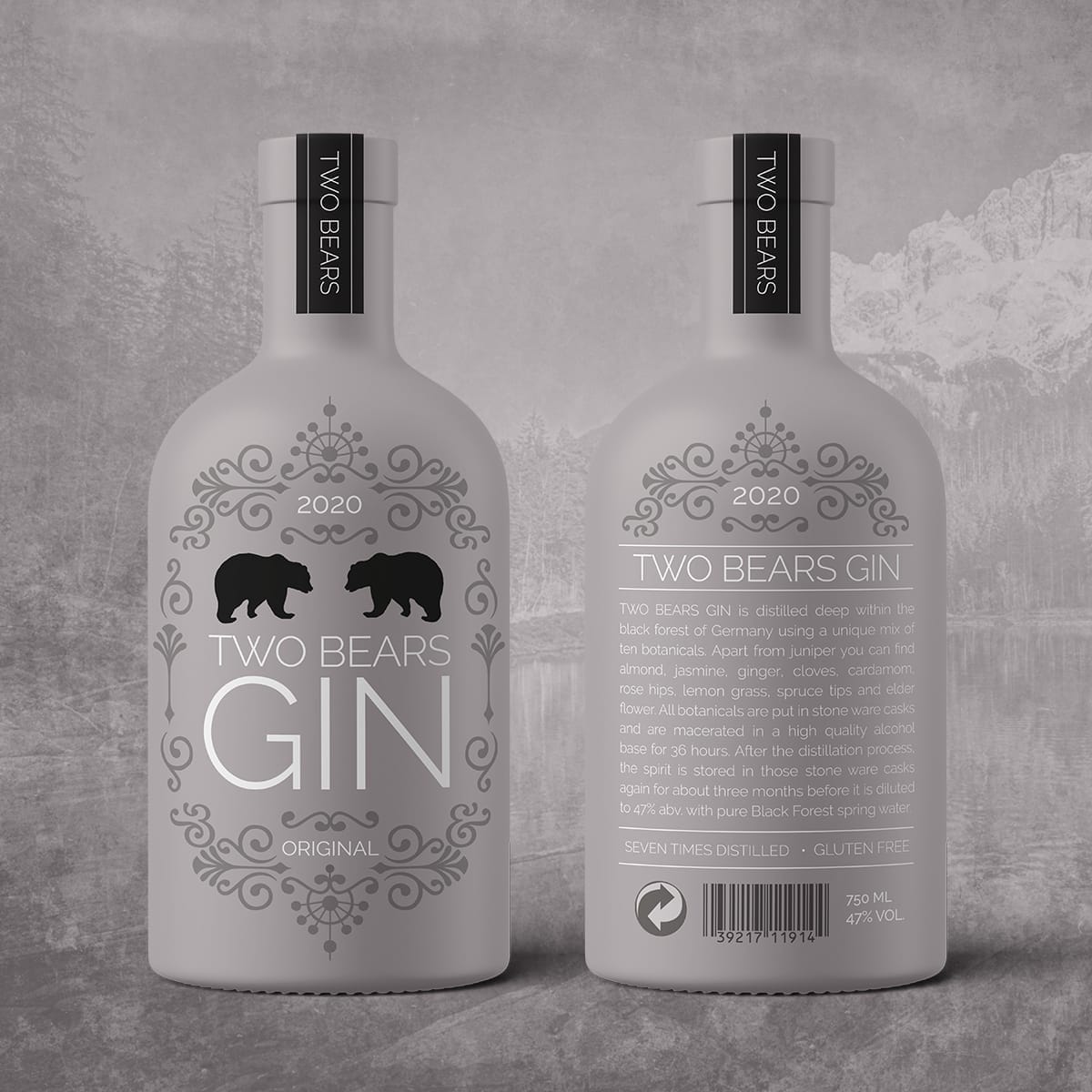Two Bears Gin bottle front and back – retail ready packaging design