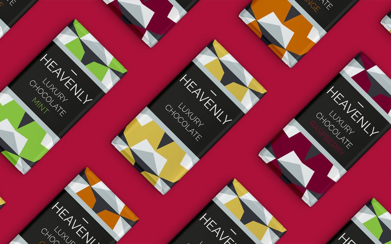 Hero shot of Heavenly Luxury Chocolate range – confectionery packaging & brand identity design