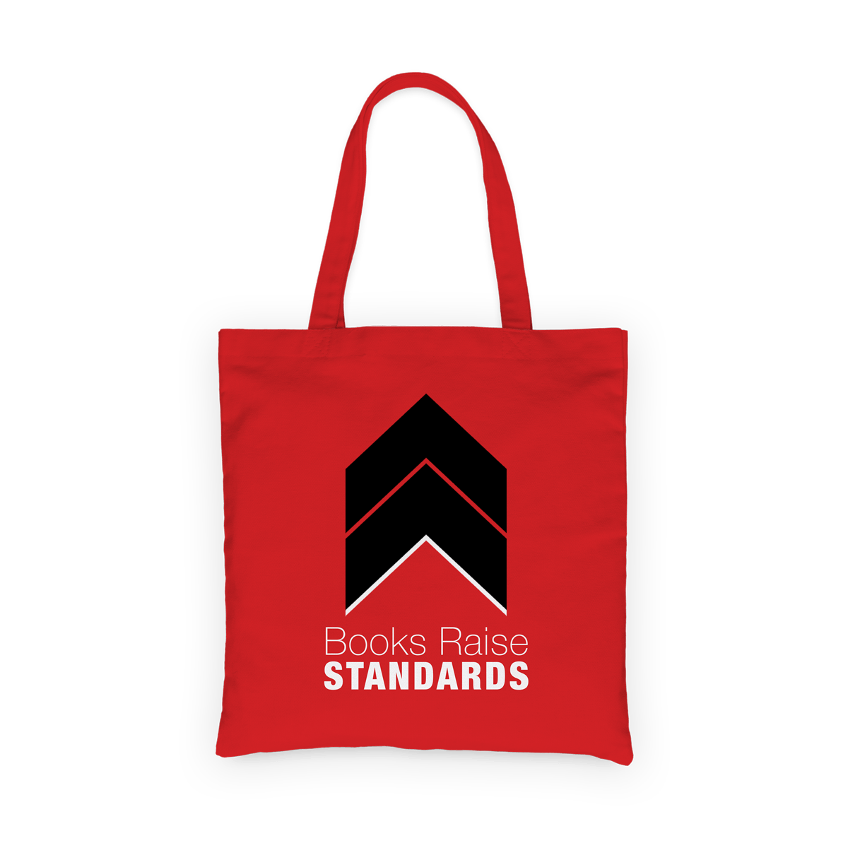 Books Raise Standards marketing campaign merchandise – branded red tote bag