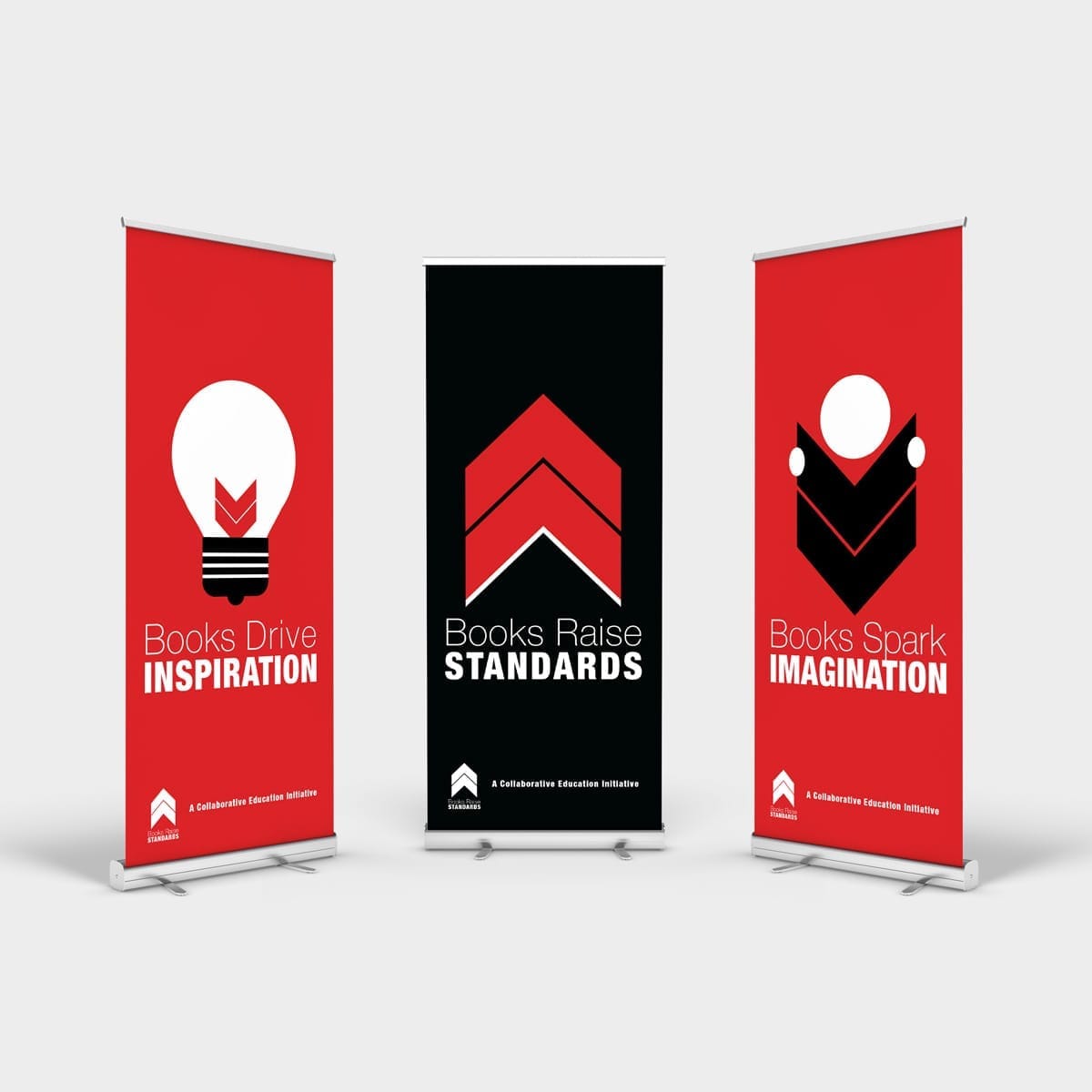 Three branded marketing banners showcasing Books Raise Standards campaign visual identity