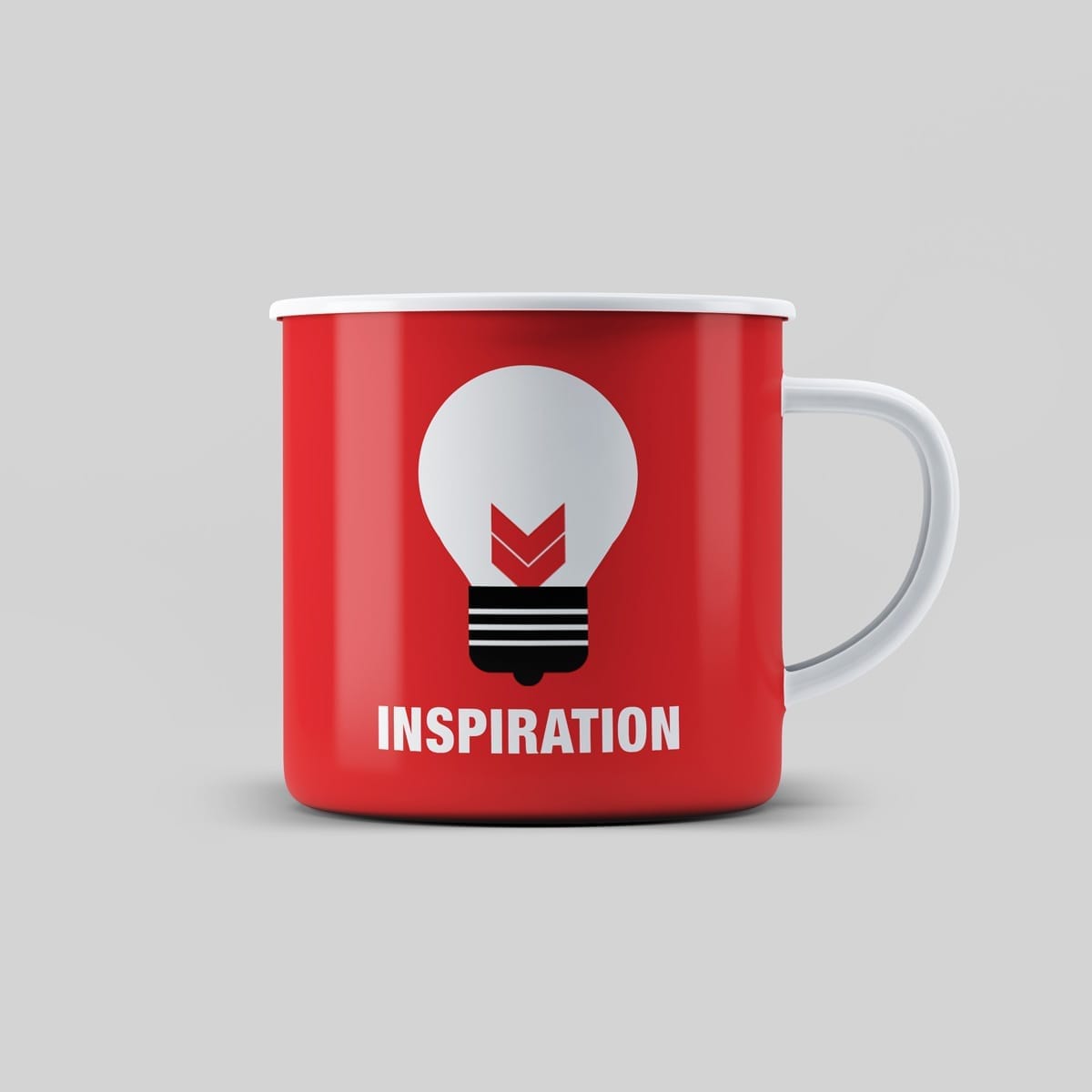 Promotional merchandise for BRS campaign – red tin mug featuring visual identity graphic