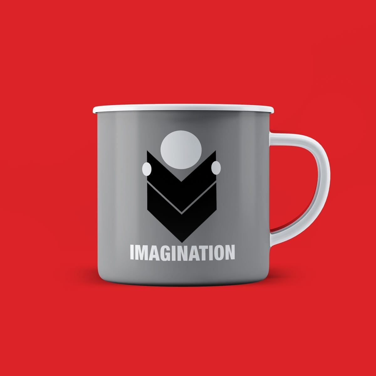 Marketing merchandise for BRS campaign – grey tin mug displaying visual identity graphic