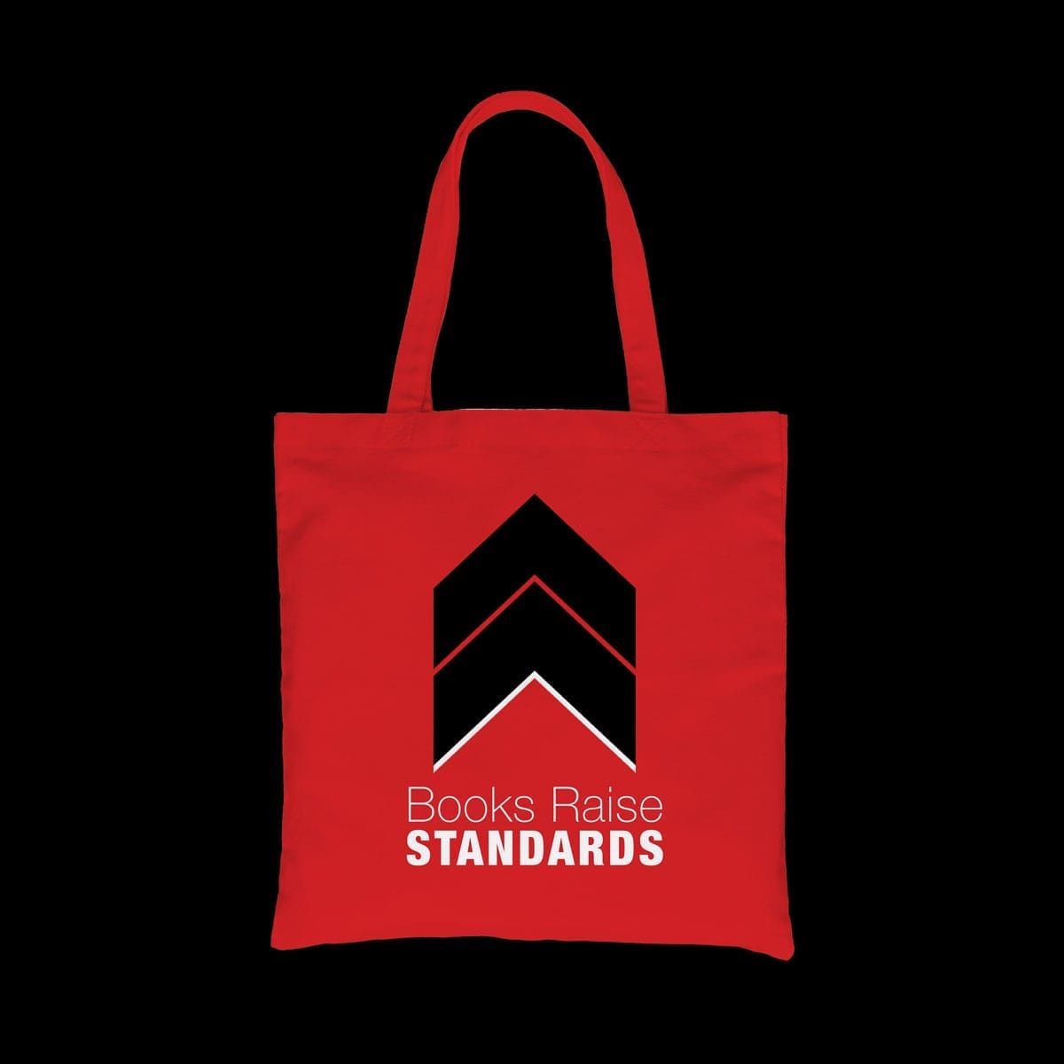 Books Raise Standards marketing campaign merchandise – branded red tote bag