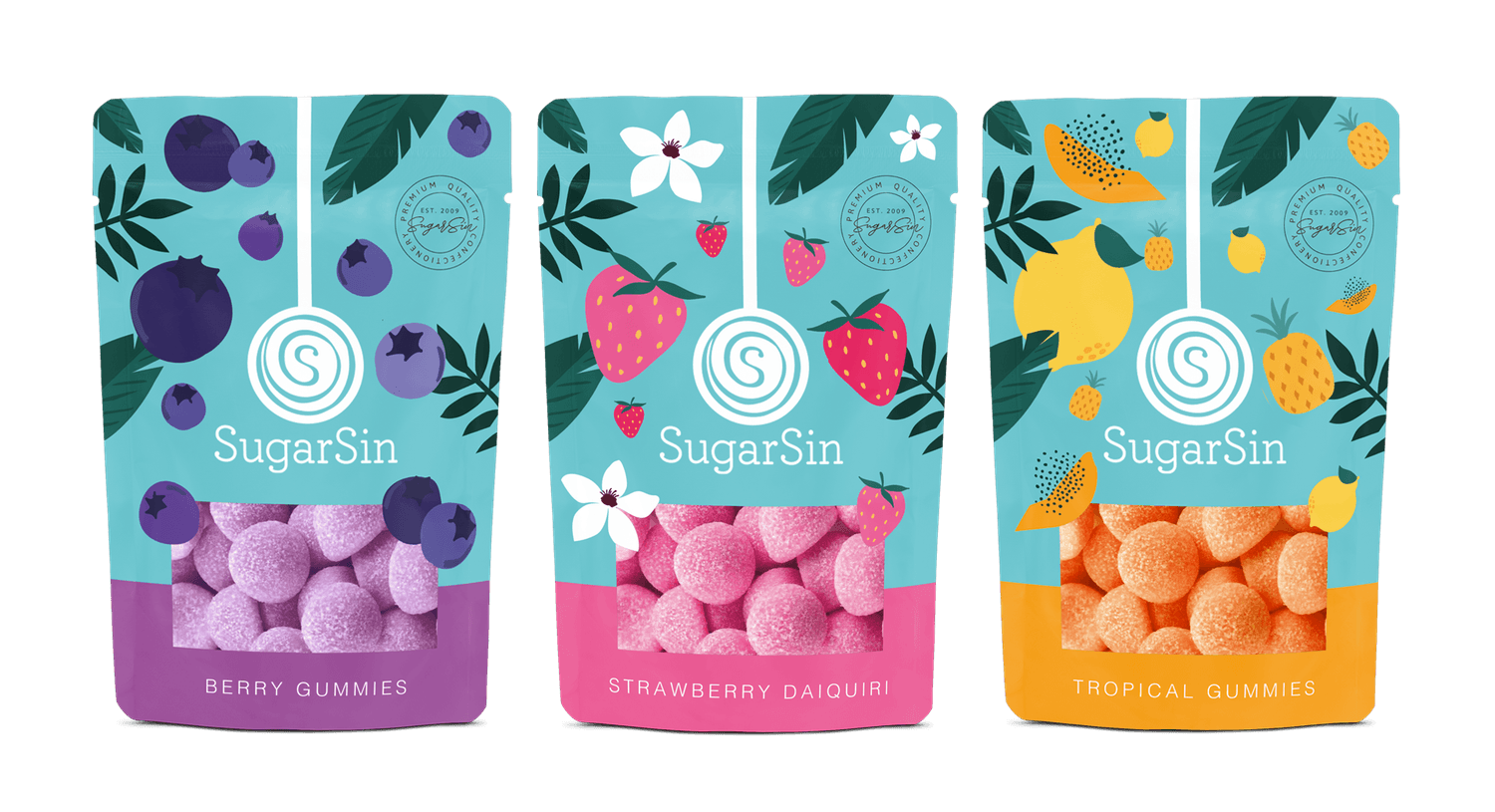 Premium confectionery packaging design for Sugarsin – FMCG branding