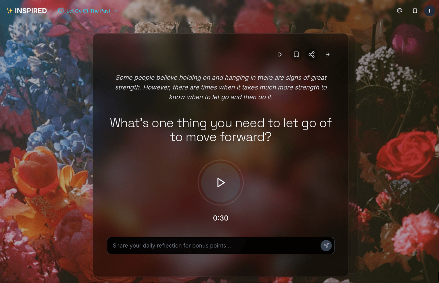 Screenshot of the Inspired app showing a daily question prompt.