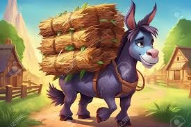 Âne De Dessin Animé Avec Une Botte De Foin Dans L'illustration Vectorielle  Du Village Banque D'Images et Photos Libres De Droits. Image 204263914