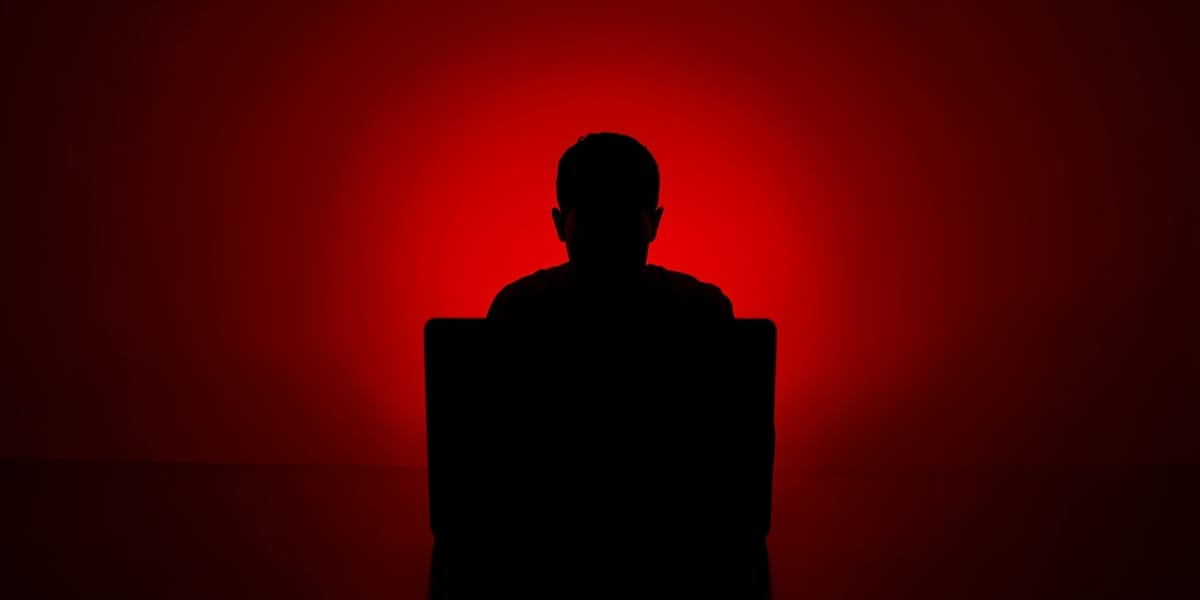 silhouette person behind laptop red glow tech dark room