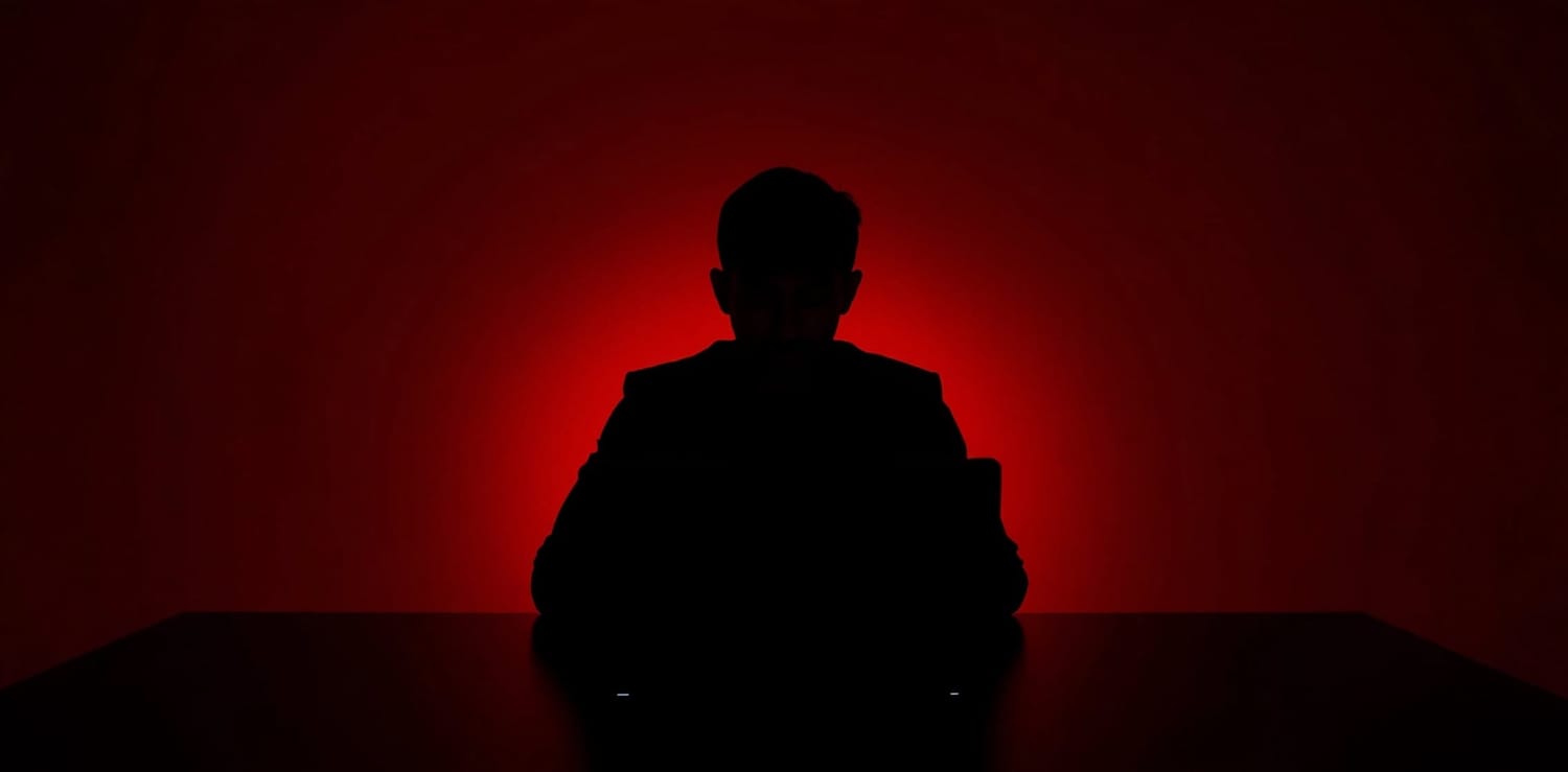 Silhouette d'une personne vue de dos dans une pièce très sombre, assise devant un ordinateur portable ouvert dont l'écran diffuse une lueur rouge. Vue de dos uniquement, on ne voit ni le visage ni le torse de face. Le dos de l'écran est entièrement lisse et uni, sans aucun logo, sans aucune marque, sans aucun symbole, sans aucun autocollant. Aucun texte visible nulle part dans l'image. Ambiance cinématographique noir et rouge, contraste fort.