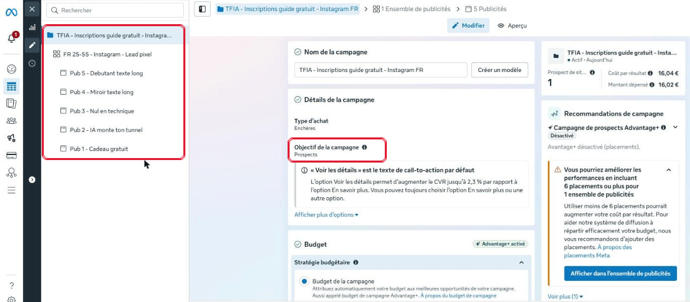 Création de la campagne : objectif Prospects, dans le Gestionnaire de publicités