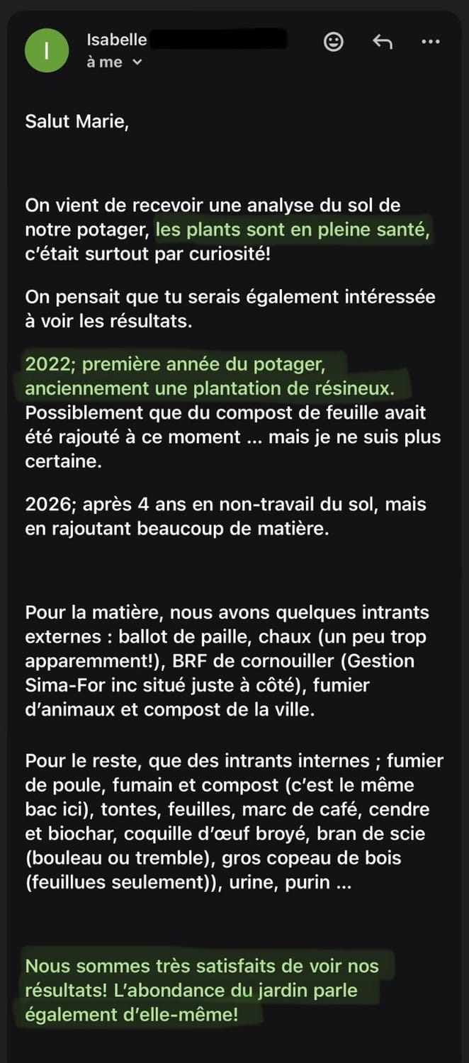 Message d'Isabelle sur l'analyse de sol de son potager