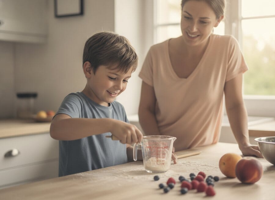 Enfant qui mesure des ingrédients en cuisine