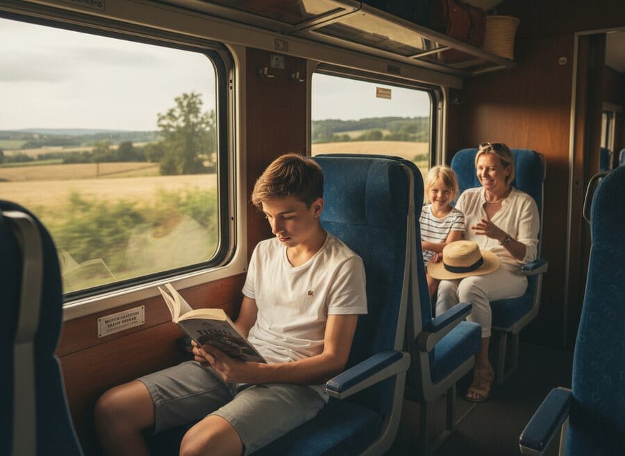 Adolescent qui lit dans le train pendant les vacances