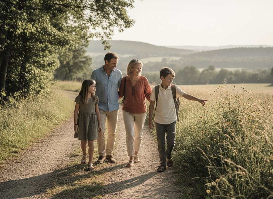 Famille en balade, enfant qui observe la nature