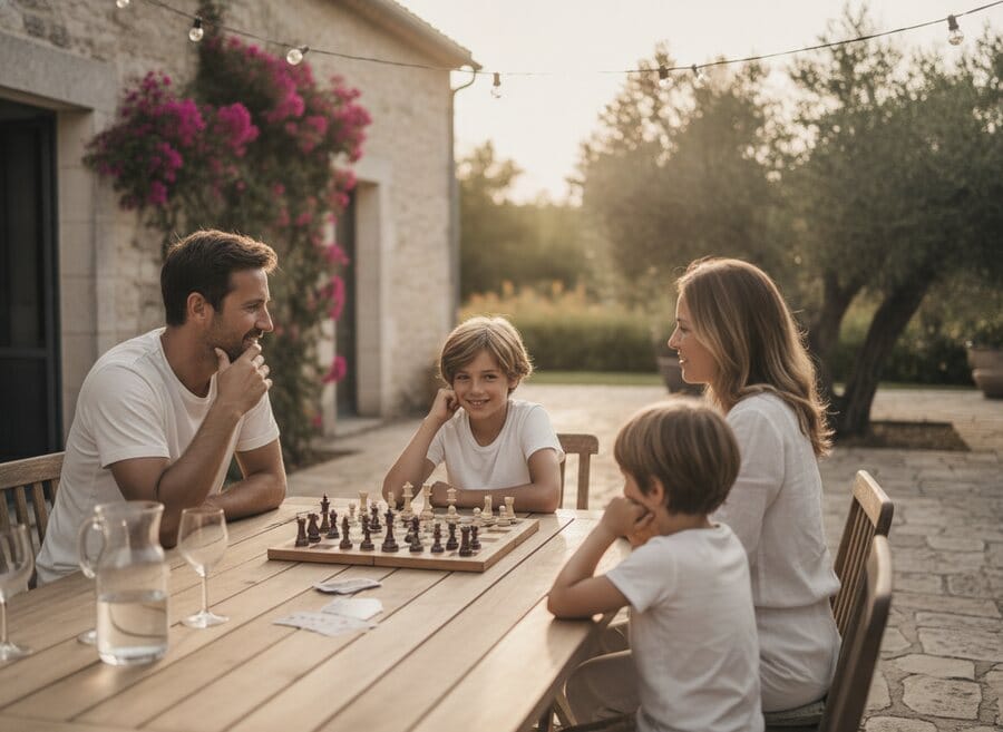 Famille qui joue aux échecs en terrasse le soir