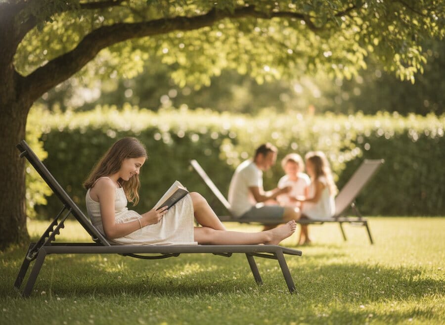 Adolescente qui lit un roman dans le jardin en été