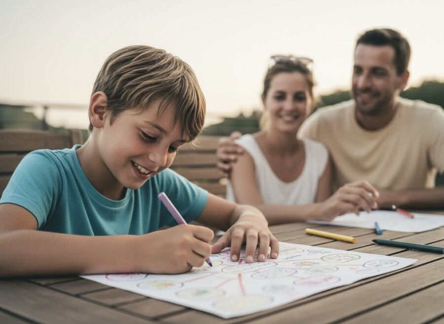 Enfant qui dessine une carte mentale de sa journée en vacances
