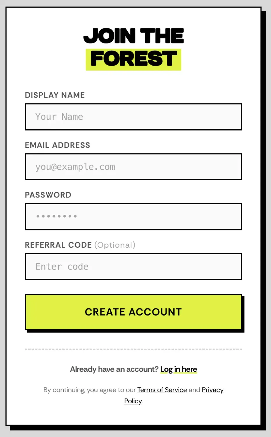 IdleForest sigup page