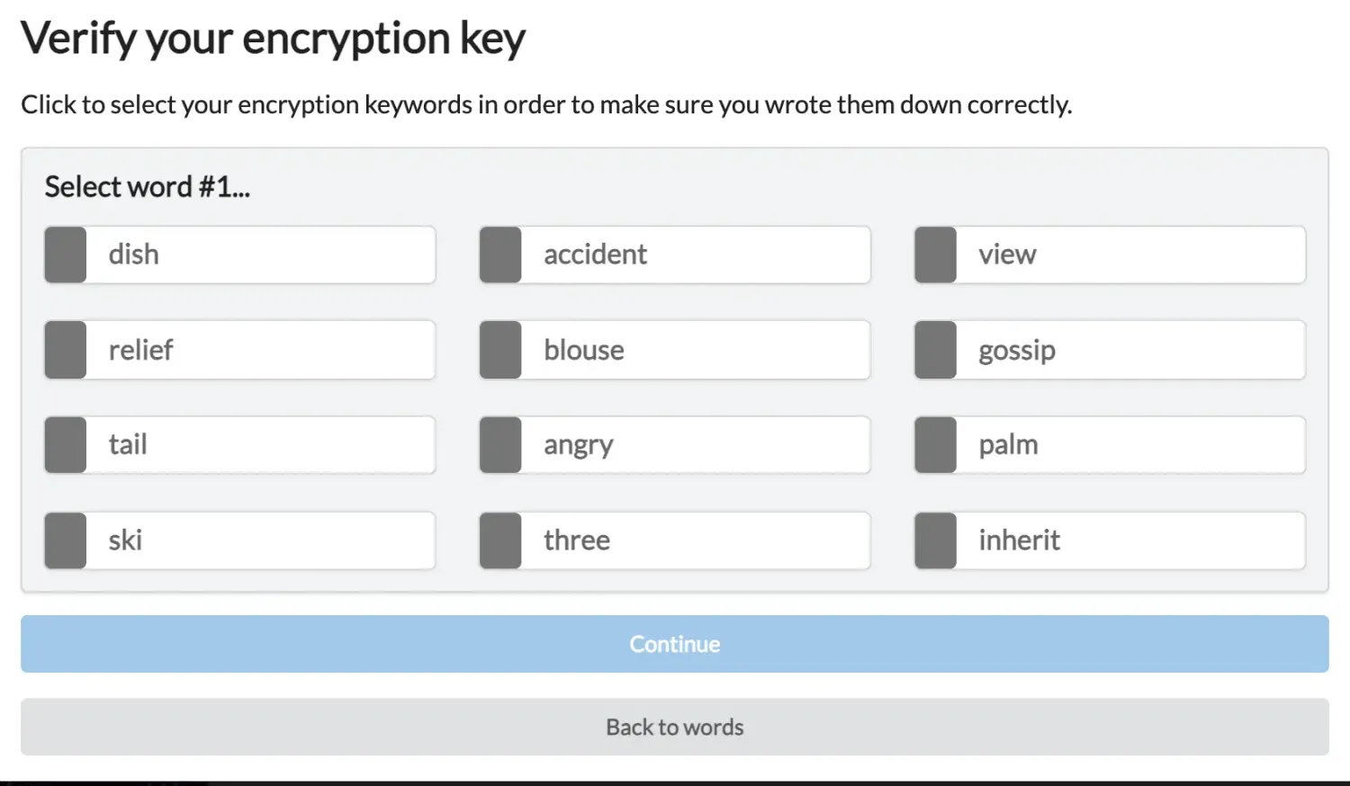 Verify encryption key words — Hoken Tech