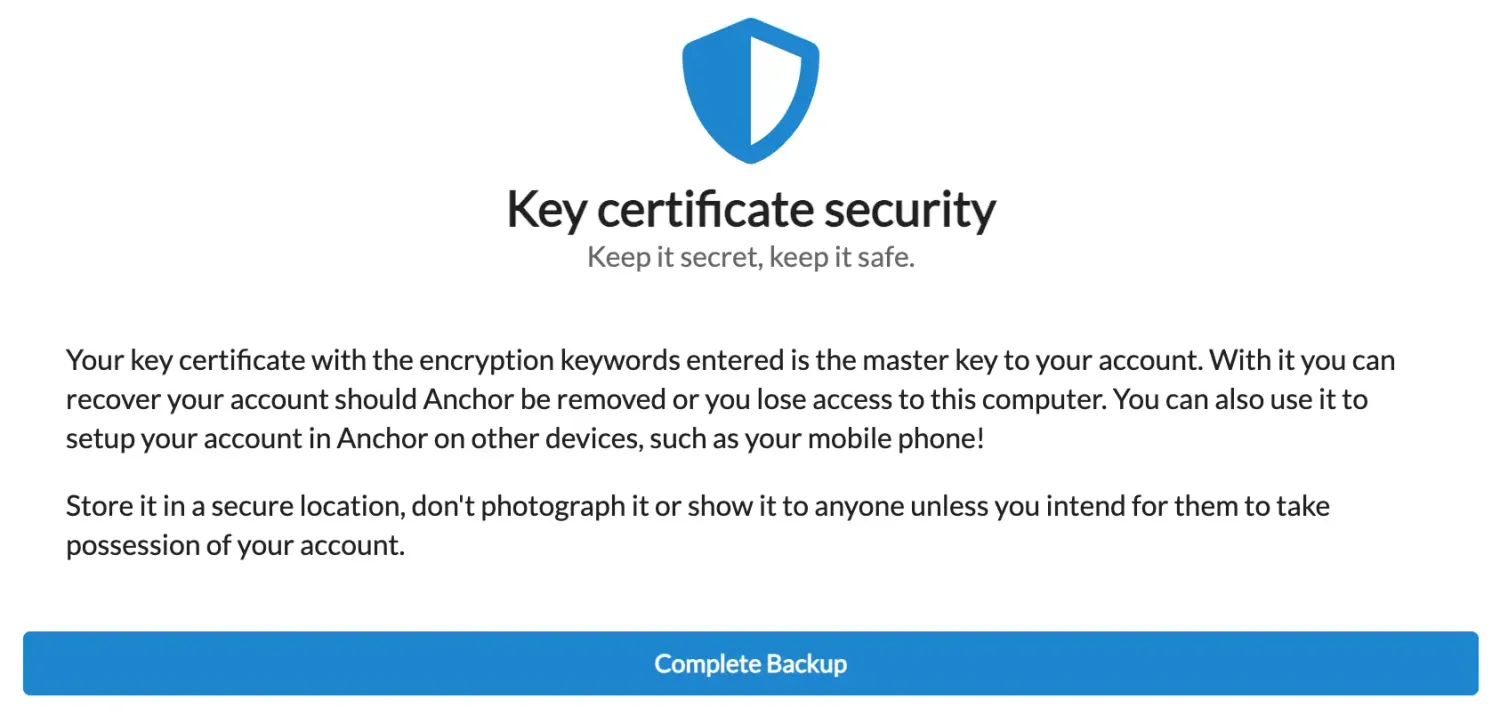 Backup certificate complete — Hoken Tech