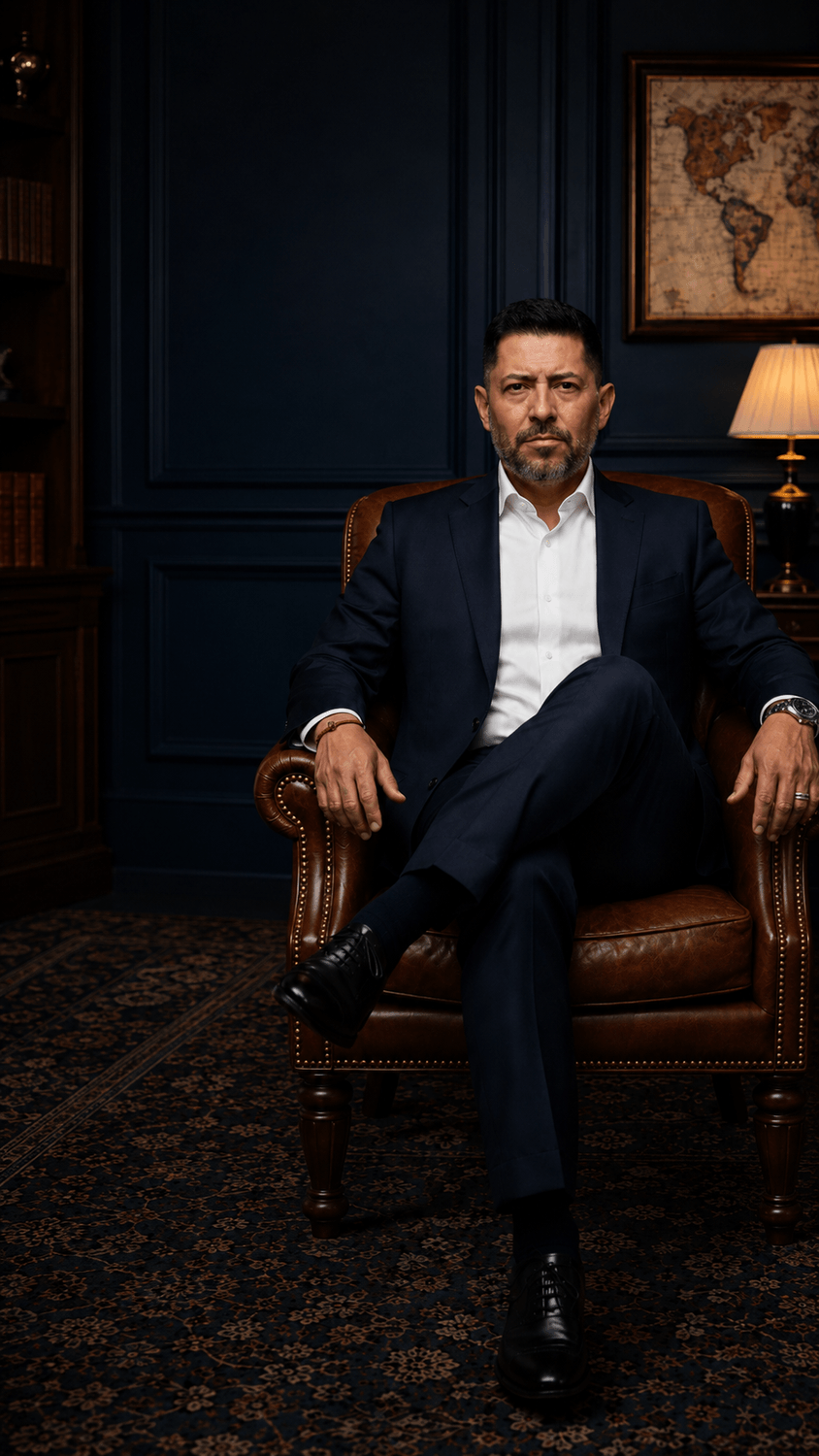 Gustavo Z&uacute;ar sentado en sill&oacute;n azul/cuero