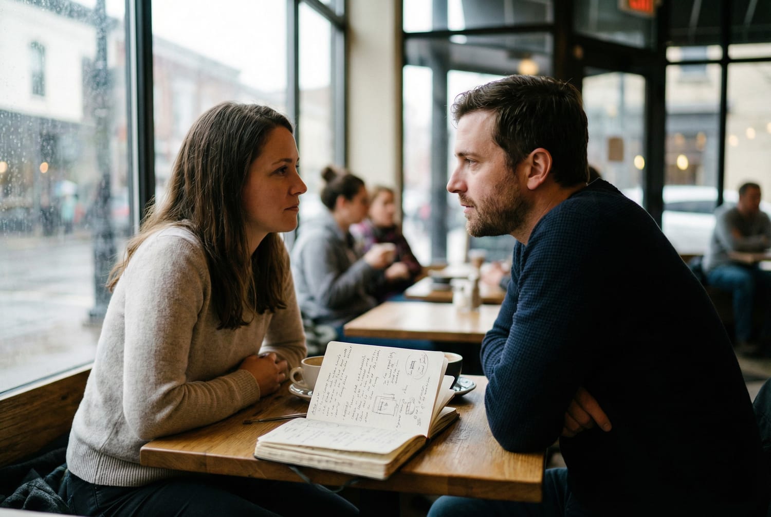 Couple café discussion sérieuse questions relation carnet